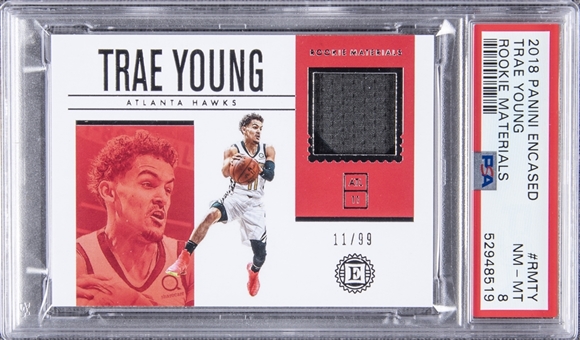 2018-19 Panini Encased Rookie Materials #RMTY Trae Young Rookie Card (#11/99) - PSA NM-MT 8